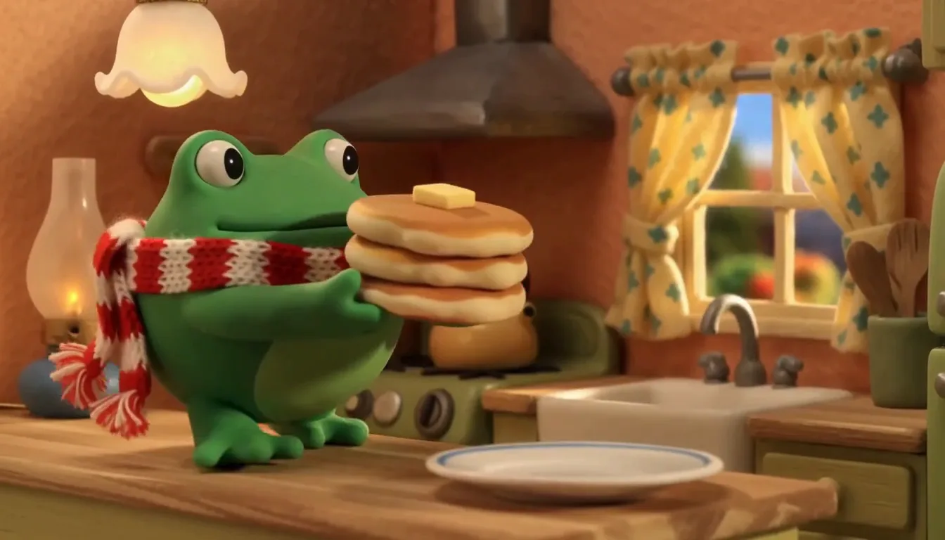 A clay-style green frog in a red-and-white scarf places pancakes on a plate in a cozy kitchen AI video demo