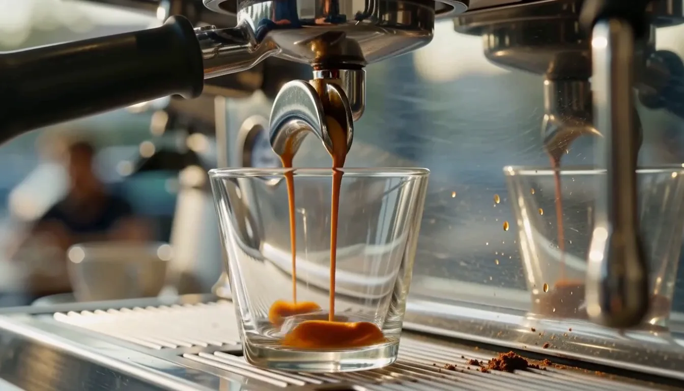 Twin streams of espresso fill a clear glass beneath a polished coffee machine in a close-up AI video demo